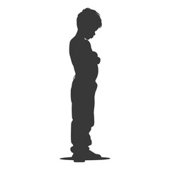 silhouette little boy holding stomach in pain black color only