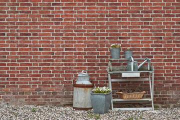 Naklejka premium Brick wall background, small garden and tools with plants, natural and texture in New York city. Empty, old fashion and quaint with wallpaper, decoration or abstract with ecology or vintage equipment