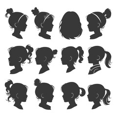 Girl Silhouette Collection: Diverse Hairstyles, Child Profile Vector Set