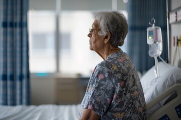 A senior in a hospital room unable to afford medical care suggesting the severe health risks and deteriorating physical condition due to poverty among the elderly