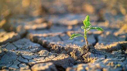 High-resolution image of a small green plant emerging from the dry, cracked soil, highlighting the juxtaposition of life and adversity in a climate-affected landscape, emphasizing themes of growth
