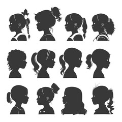 Diverse Girl Silhouettes: Child Profile Variety, Hairstyles Collection.