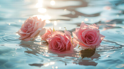 Summer scene with pink rose flowers in water Sun and shadows Minimal nature background : Generative AI