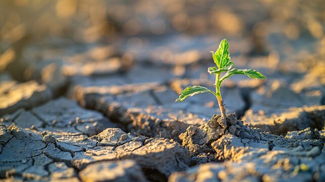 High-resolution image of a small green plant emerging from the dry, cracked soil, highlighting the juxtaposition of life and adversity in a climate-affected landscape, emphasizing themes of growth