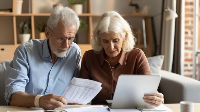 An elderly couple sitting at a table with financial documents calculating their monthly expenses and retirement goals emphasizing the importance of setting financial targets for retirement planning