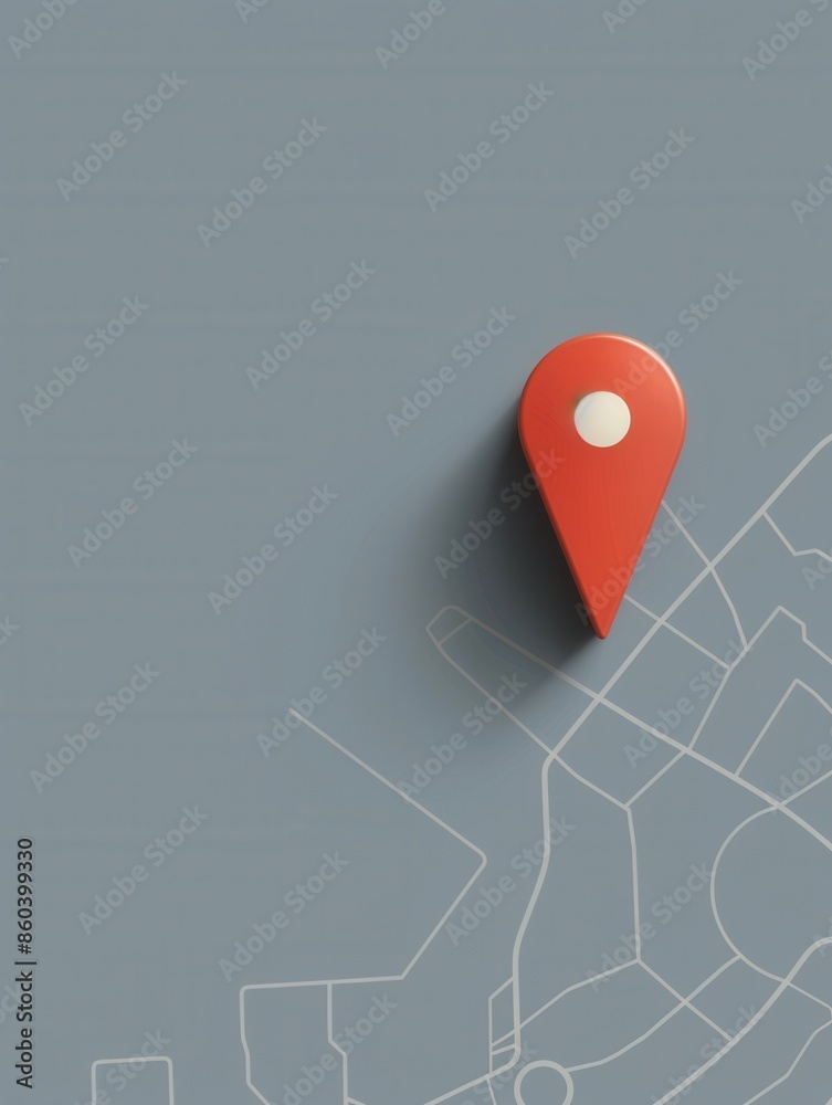 Poster A simple, clean image of a red location pin on a modern city map, perfect for navigation apps and travel services. Generative AI