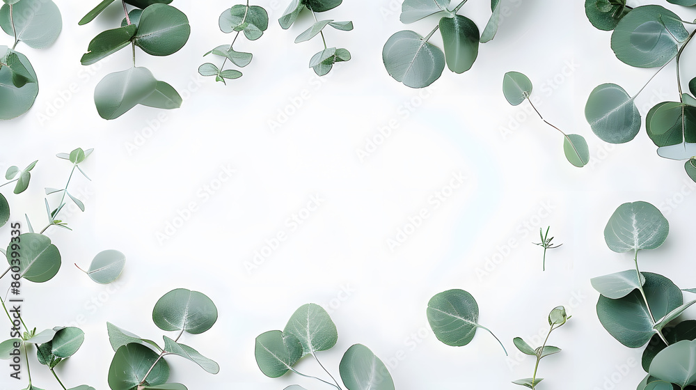 Poster Round frame with branches eucalyptus and leaves isolated on white background lay flat top view : Generative AI