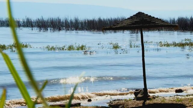 A tranquil morning scene of a calm lake shore with a lonesome sunshade stuck on the ground, while gentle waves slowly caresses the shore. the delicate water ripples creates fantastic sun reflections.
