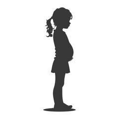 Pensive Girl Silhouette: Little girl in profile, hands on stomach, dark vector cutout.