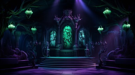 A Haunted Mansion themed night club stage in 3D, with spooky purple and green lights casting eerie shadows for a ghostly feel
