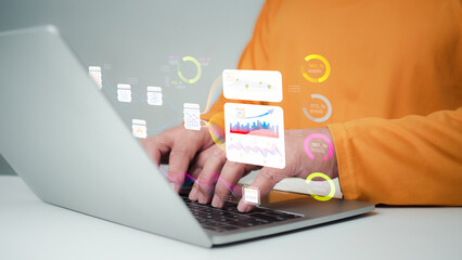 Business people use computers to analyze business and manage corporate data, business analytics with charts, metrics and KPIs to improve organizational performance, financial organization strategy.