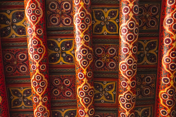 Details of Tach Khaouli ceiling, wooden painted, colorful, ornaments in Khiva, Uzbekist