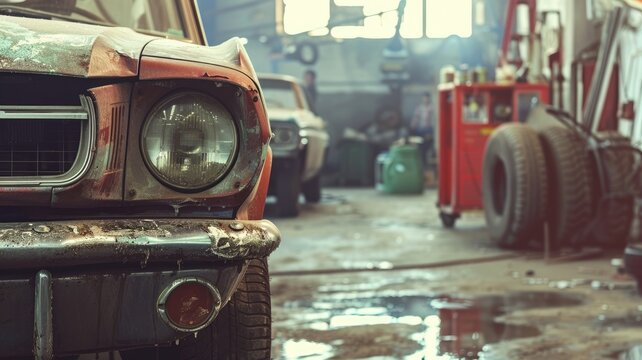 Fototapeta Vintage cars in cluttered, dimly lit garage workshop