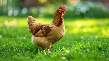 Fototapeta premium Brown chicken stands on green grass in sunlight