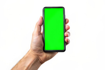 In the image, a hand holds a cell phone with a green screen for display