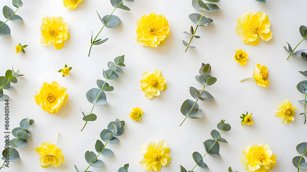 Poster flowers composition pattern made of yellow flowers and eucalyptus leaves on white background flat la