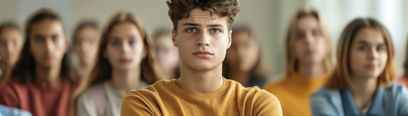 Obraz premium A student watching their friend win a prize, showing signs of jealousy and envy, with a look of dissatisfaction and crossed arms, illustrating the emotion of jealousy