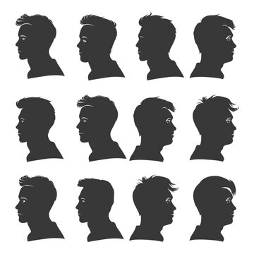 Men's Hairstyle Silhouettes: Diverse Profiles, Black on White Background, Hair Variety.