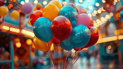 Vibrant Carnival Atmosphere: Colorful Balloons, Confetti, Streamers, and Glowing Red and Blue Lights