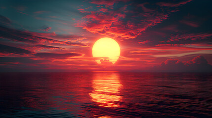 Stunning Sunset Over Calm Ocean with Vibrant Red and Orange Sky Reflections