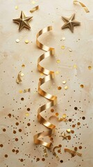 Golden spiral ribbon and confetti star on beige background. Christmas, birthday or wedding concept. Flat lay, top view. 