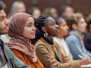 Obraz premium Multi-ethnic group of students engaged in lecture listening and learning.