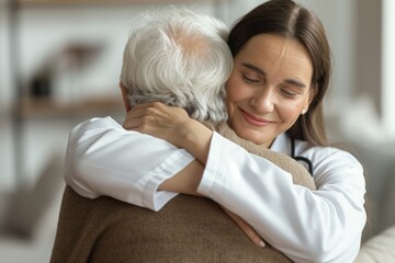 Fototapeta premium Compassionate female doctor hugging an elderly patient, highlighting empathy and patient care.