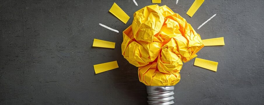 Crumpled yellow paper in lightbulb shape with rays, on white background Innovative recycling Symbolizing the creation of new ideas from discarded thoughts
