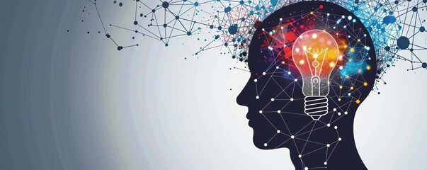 Silhouette of head with lightbulb containing interconnected dots and shapes Networked ideation Representing the connection of various thoughts in idea generation