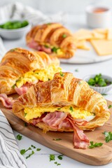 Delicious Bacon, Egg, and Cheese Croissants on a Wooden Cutting Board