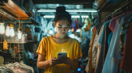 Fototapeta premium Woman in Asia using an app to discover and buy from local sustainable fashion brands