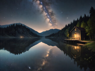 Fototapeta premium A tranquil lake reflecting the starry sky, with perhaps a small boat or pier extending into the water.
