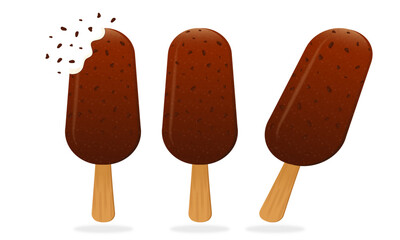 Set of three realistic chocolate ice cream bars vector illustration design.
