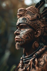 Obraz premium Portrait of a Man in Traditional Mayan Headdress and Face Paint