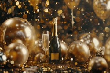 Elegant New Year Celebration with Champagne and Golden Confetti