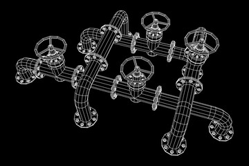 Oil pipeline with valve. Petrol production. Petroleum fuel industry transportation line. Wireframe low poly mesh vector illustration