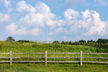 Fototapeta premium A split-rail fence with grass, trees and cumulus clouds in the background. 