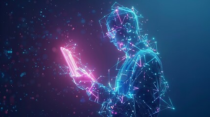 Abstract Wireframe Man Holding Tablet with AI Chip Hologram