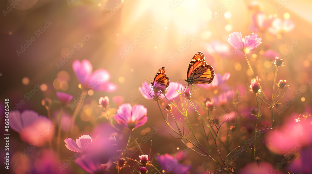 Poster wild pink flowers bathed in sunlight in field and two fluttering butterfly on nature outdoors soft s