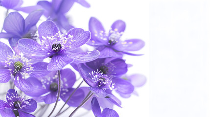 Obraz premium First spring flowers Anemone hepatica isolated on white background Border of blue violet wild forest flowers liverwort : Generative AI
