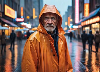 Fototapeta premium An image of an old man standing in a bustling city street during a rainy day