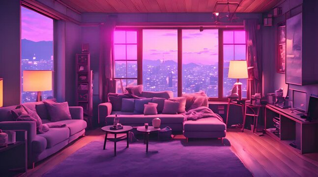 Cozy lo-fi living room in a small Japanese town, with warm and dim lighting, in the glass window you can see the cityscape