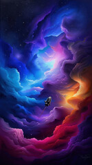 Obraz premium A colorful space scene with a spaceship flying through it