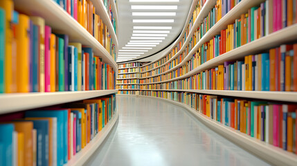 Fototapeta premium 3D render of curved bookshelves filled with colorful books in a white library interior.