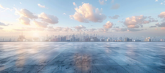 Fototapeta premium Modern cityscape with high-rise buildings and a clear sky, viewed from a rooftop platform with reflective surface under morning light.