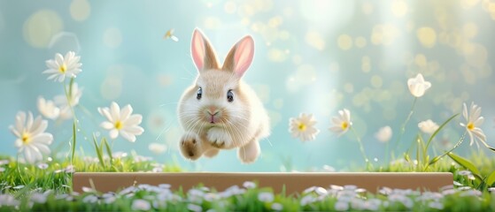 Obraz premium Adorable rabbit leaping in a meadow with daisies and a dreamy background, capturing the joy and beauty of nature in springtime.