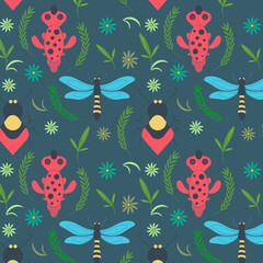 Seamless pattern bug and flower on blue background design.Great for home decor, fabric, wallpaper, gift-wrap, stationery