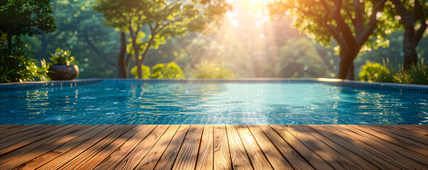 Serene pool with wooden deck surrounded by lush greenery and soft sunlight, creating a peaceful atmosphere in the summertime.