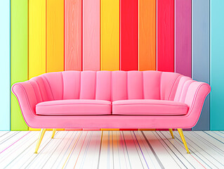 Vibrant pink sofa against a colorful striped wall background. Ideal for modern, lively interior design inspirations and creative decor ideas.