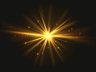 Dynamic yellow Celestial Explosion set. Black Background with Glowing golden Sunburst, Digital Lens Flare, and Color-Adjusted Light Rays